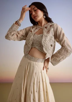 Beige Chinon Lehenga Jacket Set With Beads And Cutdana Work