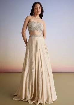 Beige Chinon Lehenga Jacket Set With Beads And Cutdana Work