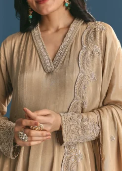 Beige Chinon Zardosi Work Anarkali Suit With Embroidered Dupatta