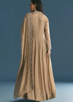 Beige Chinon Zardosi Work Anarkali Suit With Embroidered Dupatta