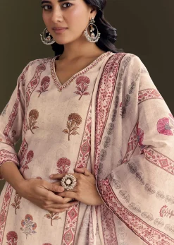 Beige Cotton Block Print Kurta Set With Printed Dupatta