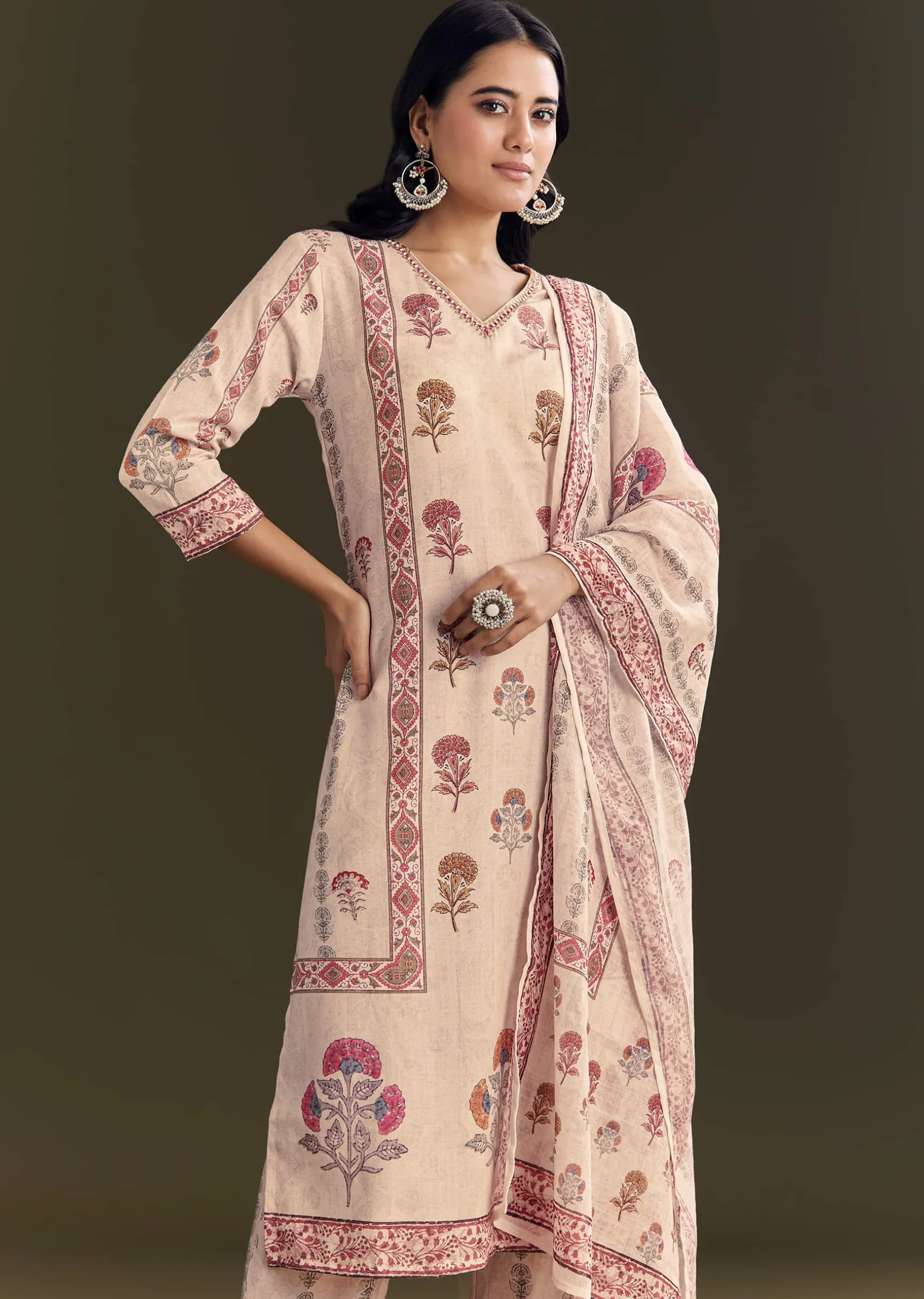 Beige Cotton Block Print Kurta Set With Printed Dupatta