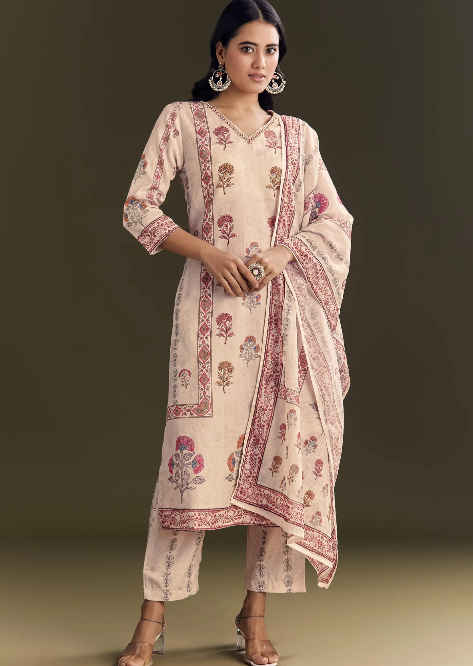 Beige Cotton Block Print Kurta Set With Printed Dupatta
