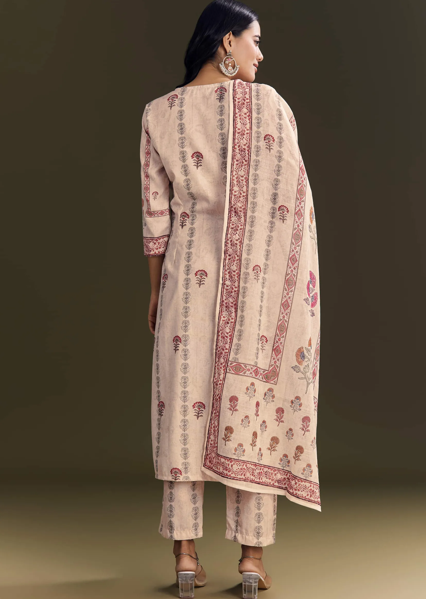 Beige Cotton Block Print Kurta Set With Printed Dupatta