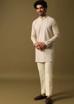 Beige Cotton Kurta Set With Resham Work For Men