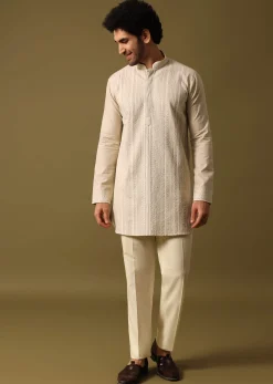 Beige Cotton Kurta Set With Resham Work For Men