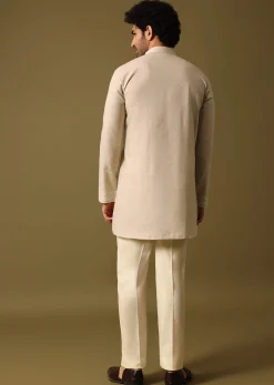 Beige Cotton Kurta Set With Resham Work For Men