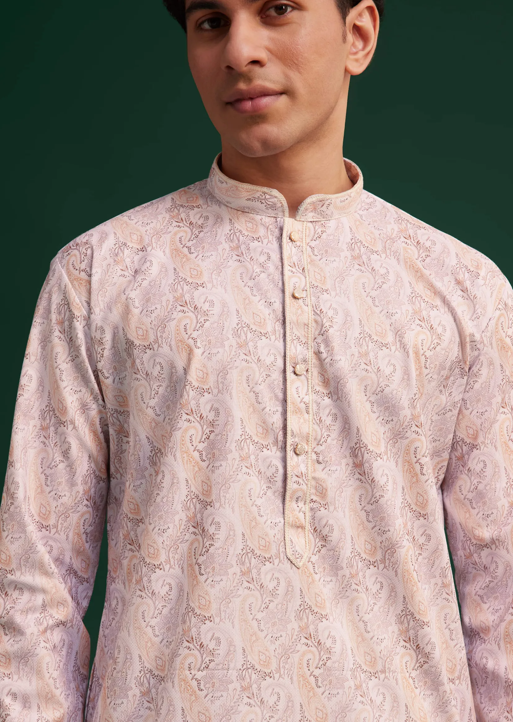 Beige Cotton Paisley Printed Kurta Set