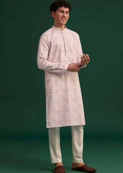 Beige Cotton Paisley Printed Kurta Set