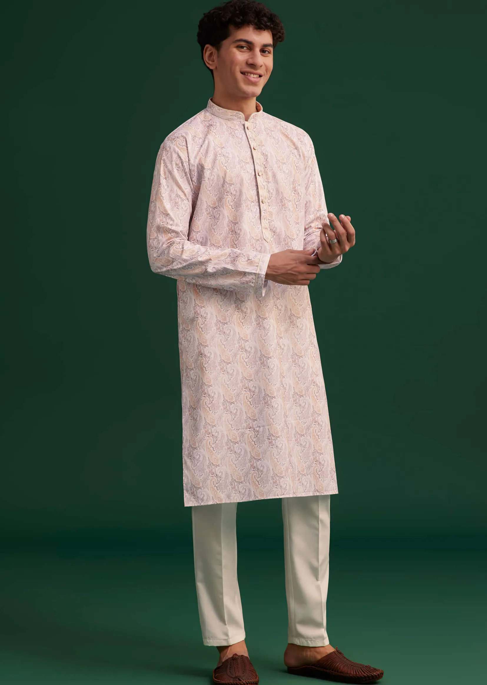 Beige Cotton Paisley Printed Kurta Set