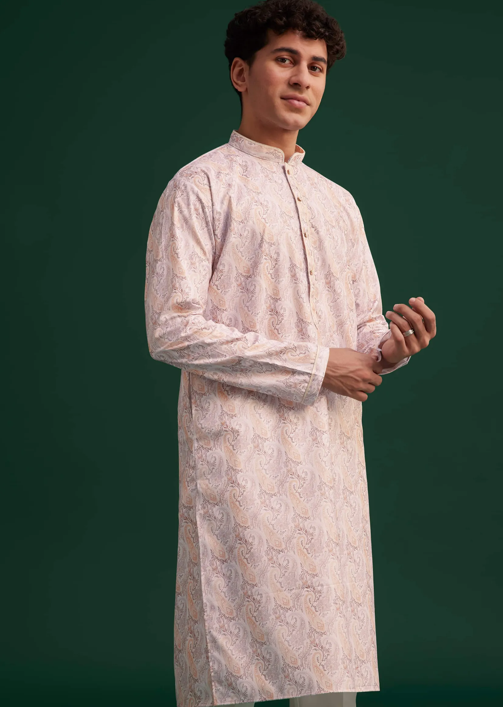 Beige Cotton Paisley Printed Kurta Set