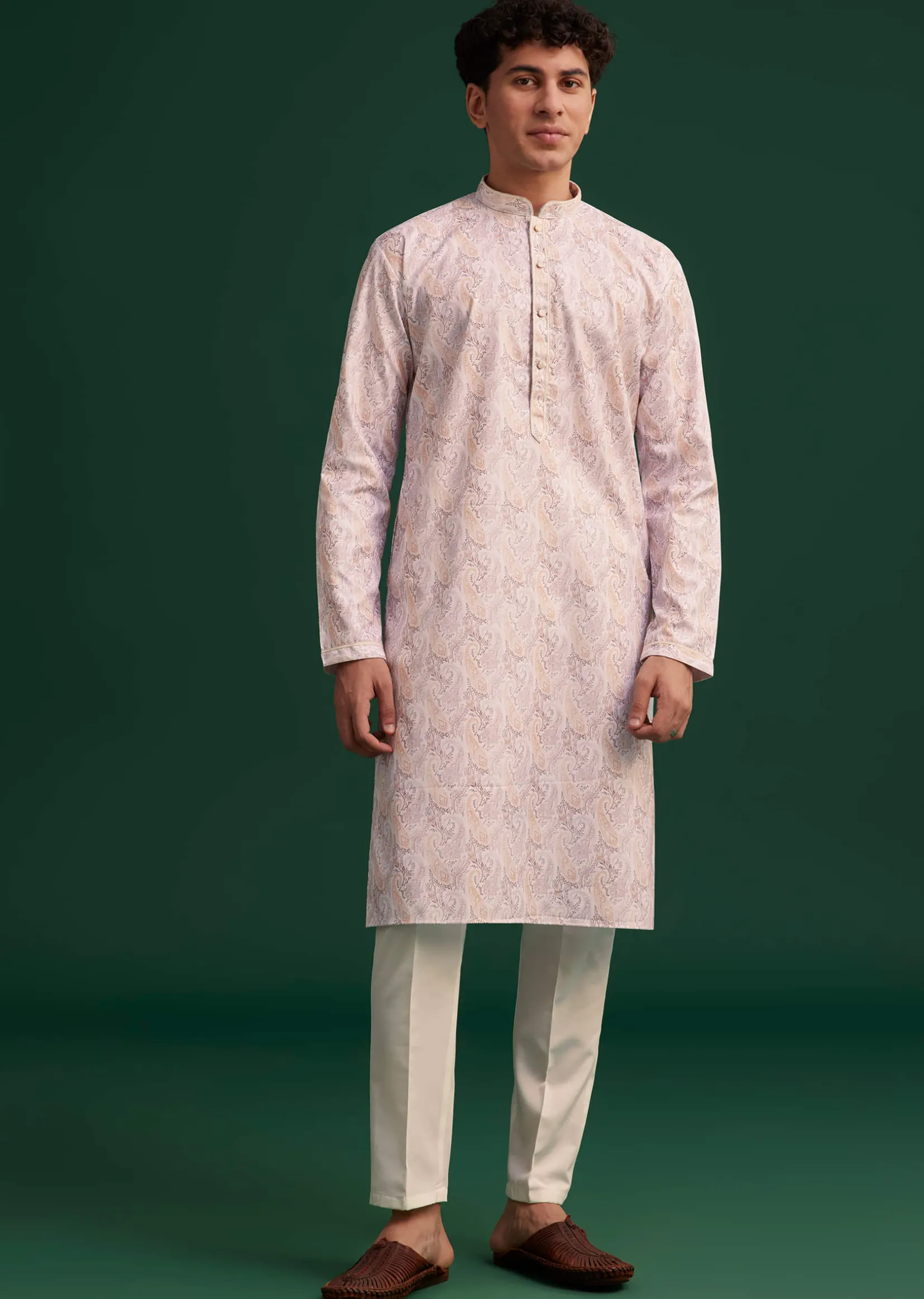 Beige Cotton Paisley Printed Kurta Set