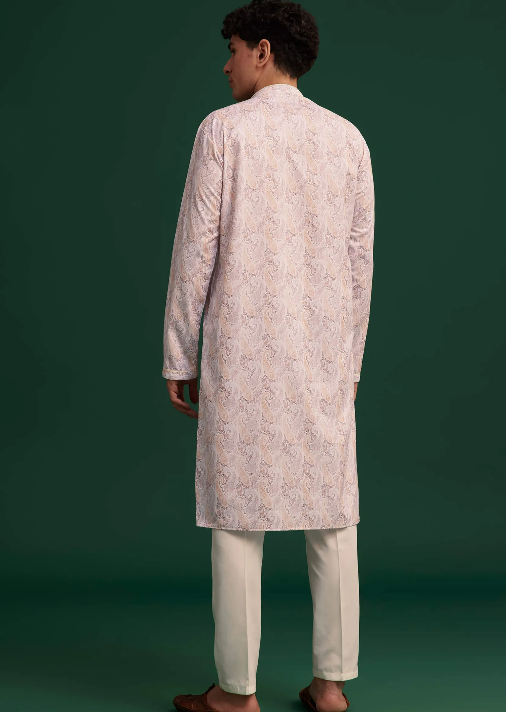 Beige Cotton Paisley Printed Kurta Set