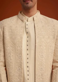 Beige Cotton Silk Open Sherwani Set With Resham Work