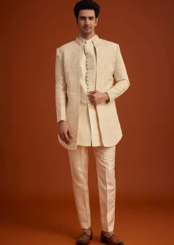 Beige Cotton Silk Open Sherwani Set With Resham Work