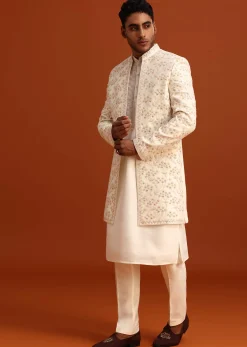 Beige Cotton Silk Sherwani Set With Hand Work