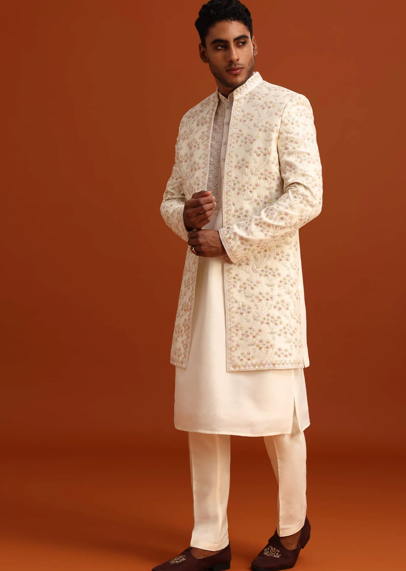 Beige Cotton Silk Sherwani Set With Hand Work