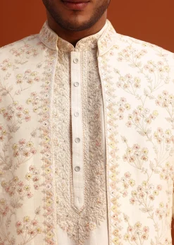 Beige Cotton Silk Sherwani Set With Hand Work