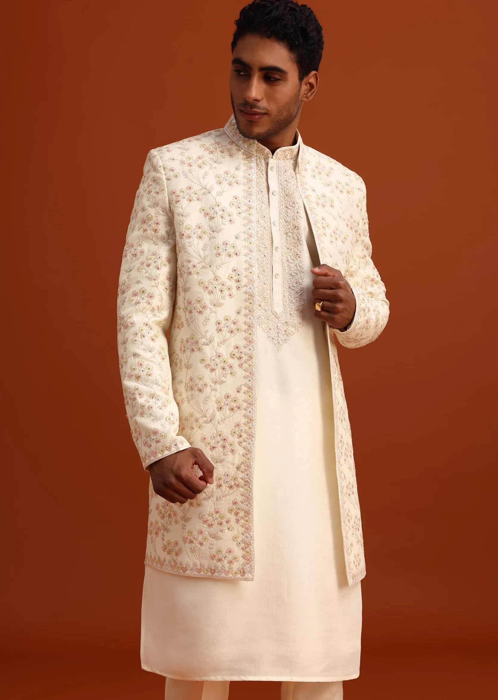 Beige Cotton Silk Sherwani Set With Hand Work