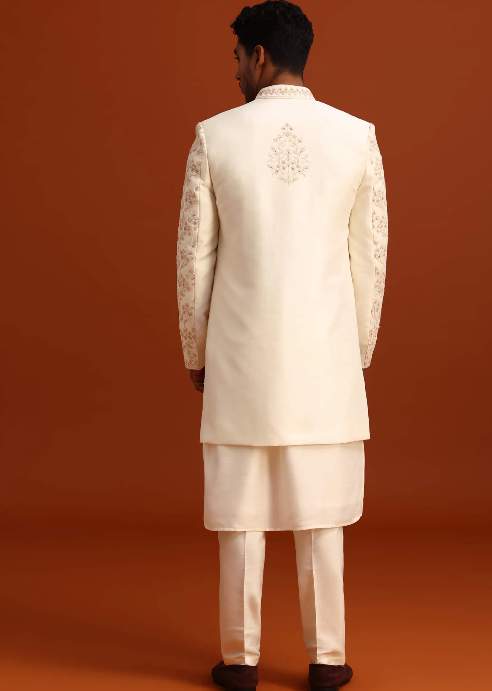 Beige Cotton Silk Sherwani Set With Hand Work