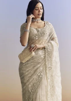 Beige Cream Tissue Saree With Floral Jaal