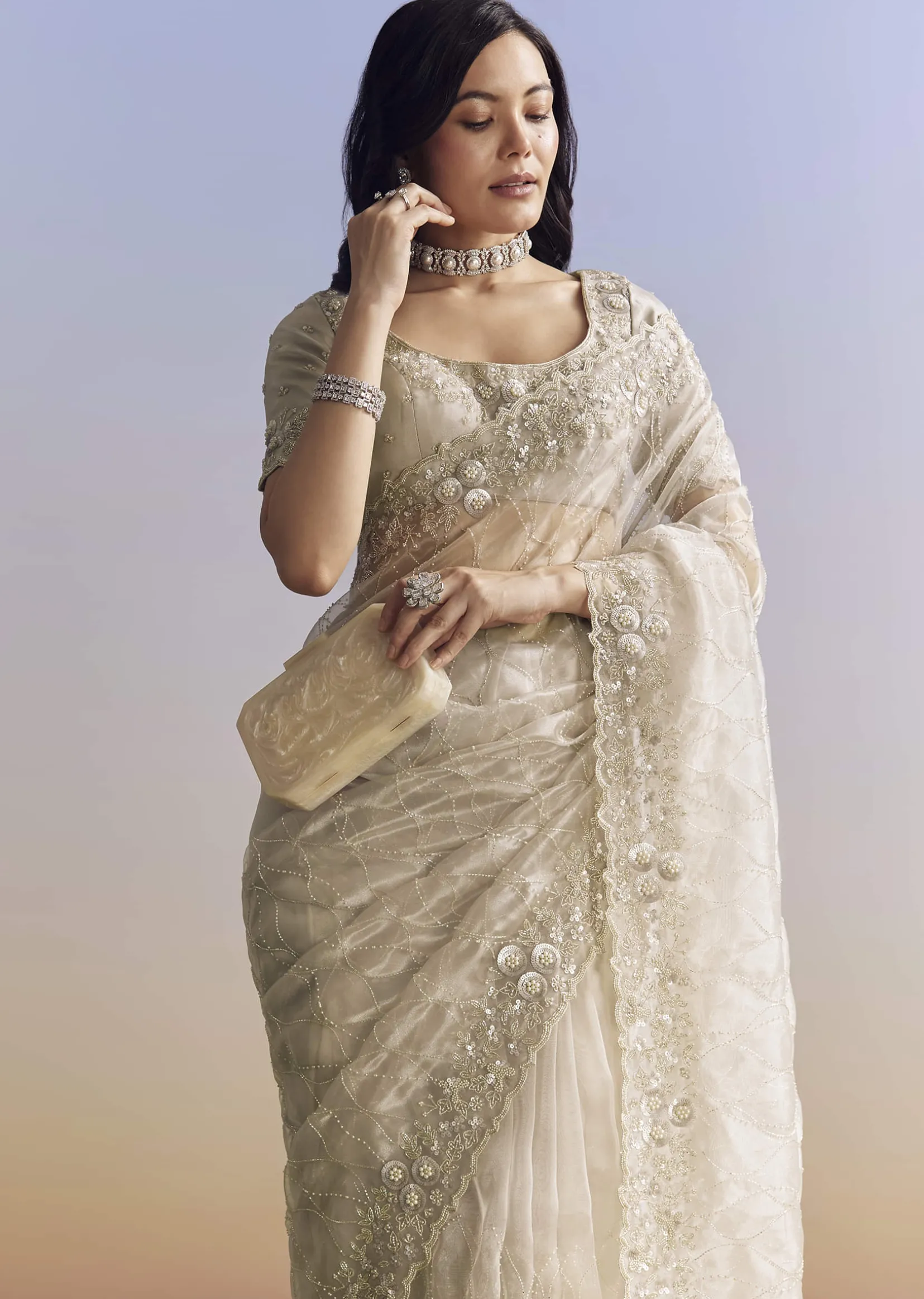 Beige Cream Tissue Saree With Floral Jaal