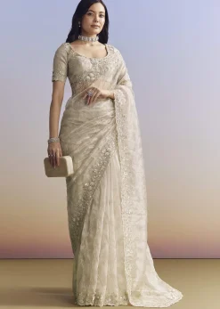 Beige Cream Tissue Saree With Floral Jaal