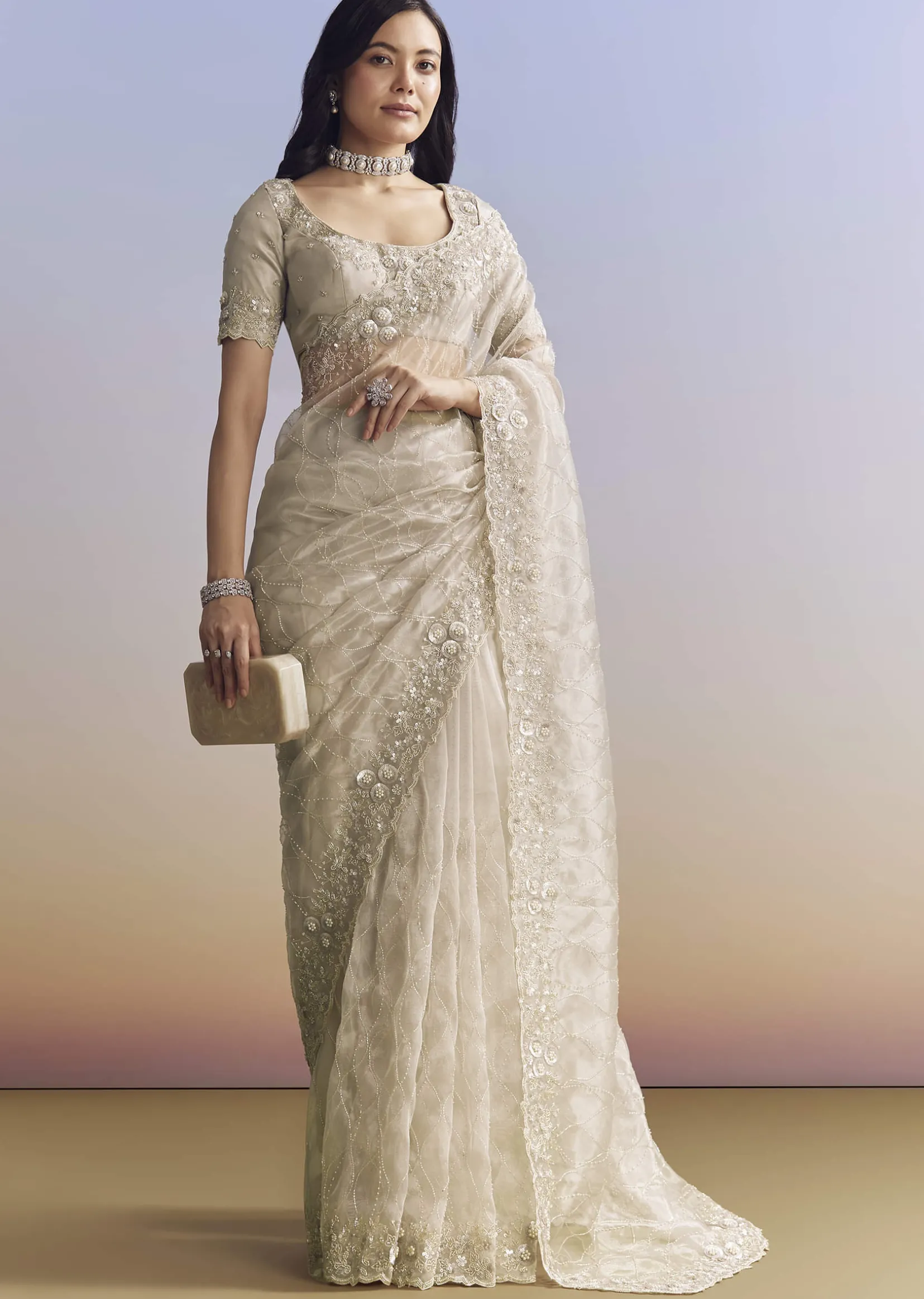 Beige Cream Tissue Saree With Floral Jaal