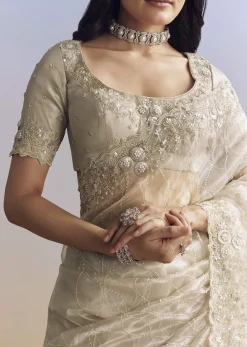 Beige Cream Tissue Saree With Floral Jaal