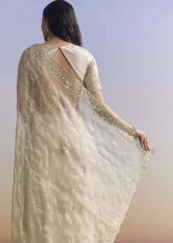 Beige Cream Tissue Saree With Floral Jaal