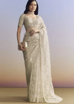 Beige Cream Tissue Saree With Floral Jaal