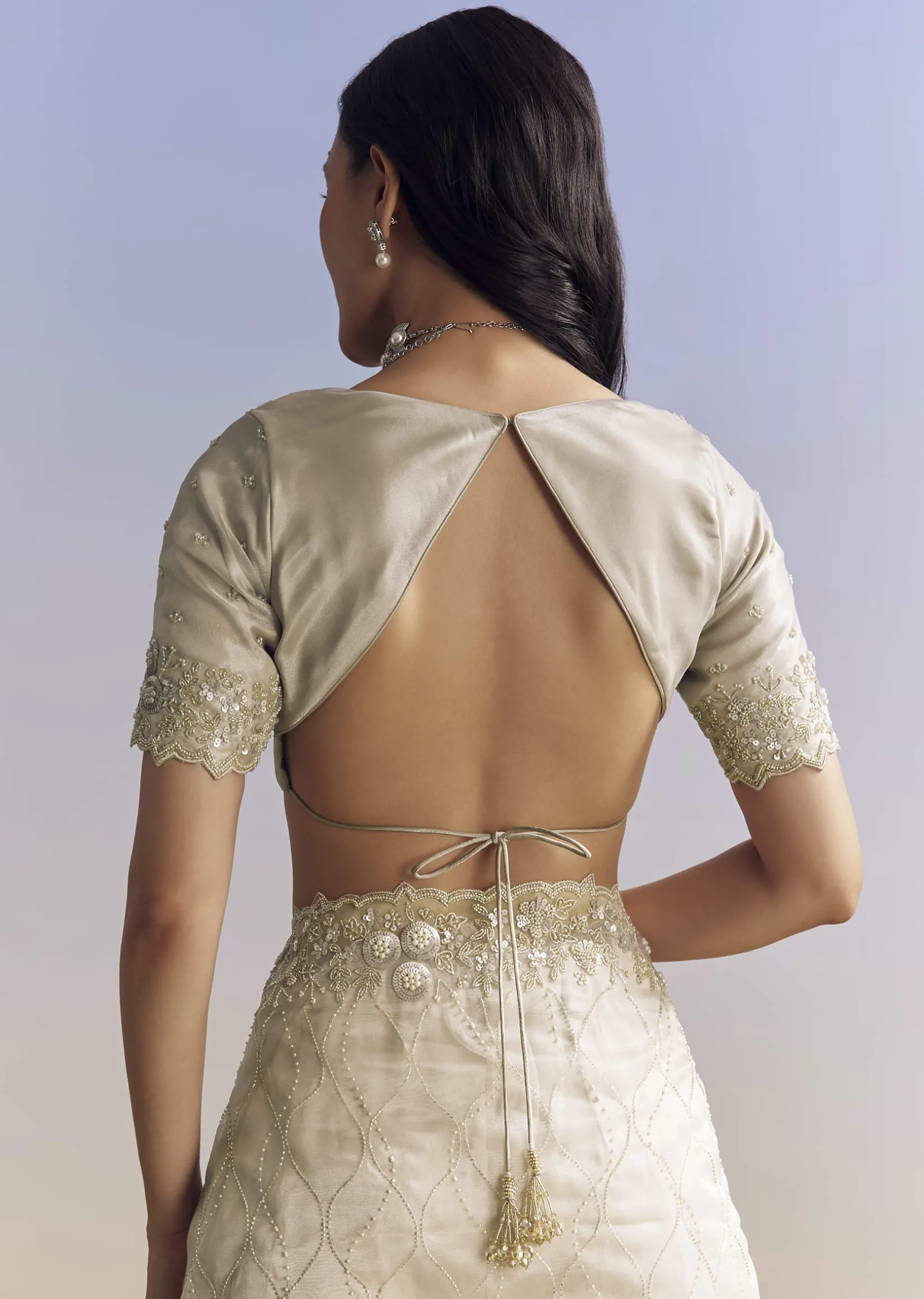 Beige Cream Tissue Saree With Floral Jaal