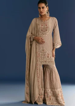 Beige Crepe Printed Kurta Sharara With Dupatta And Potli Bag