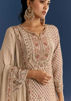 Beige Crepe Printed Kurta Sharara With Dupatta And Potli Bag
