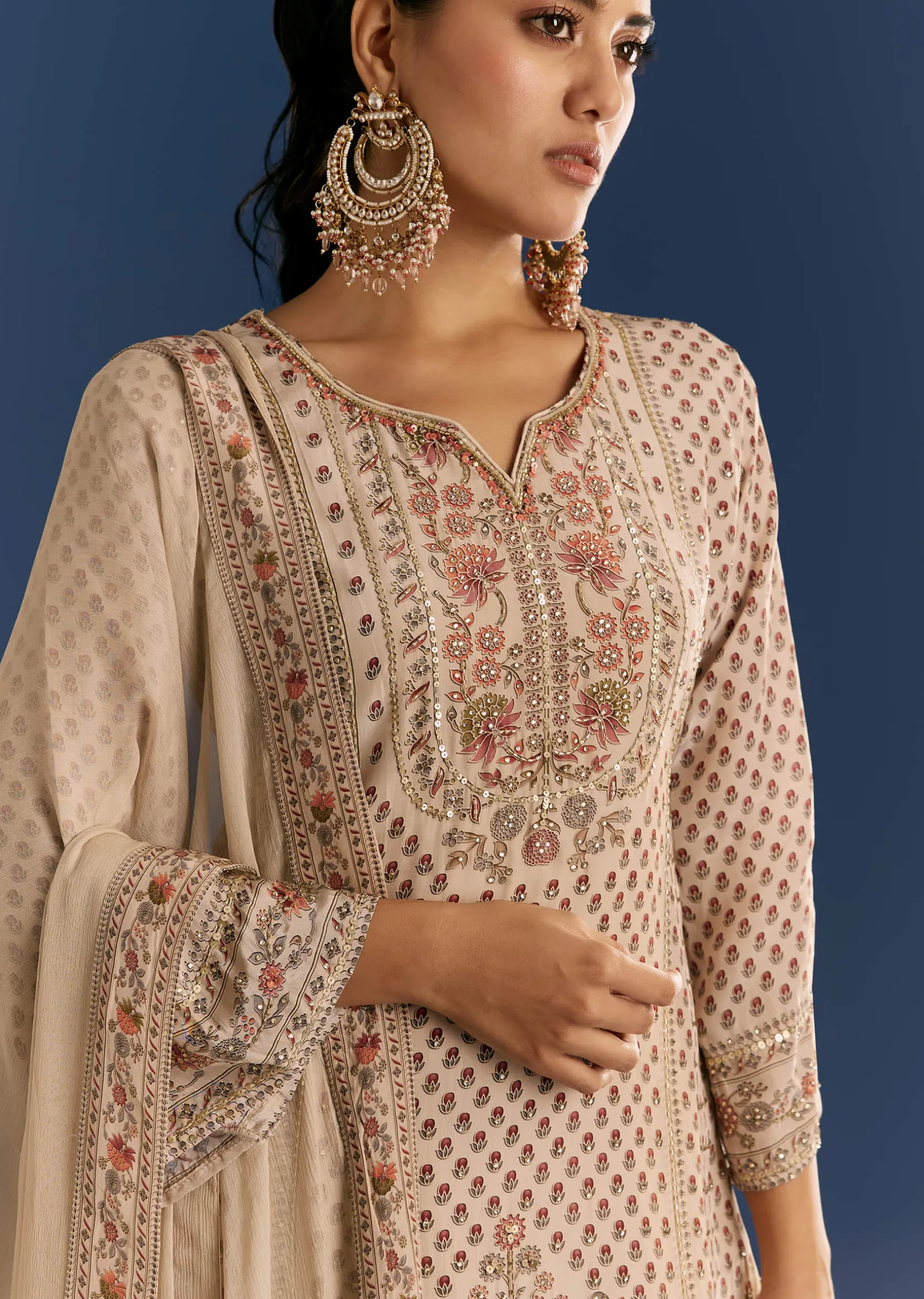 Beige Crepe Printed Kurta Sharara With Dupatta And Potli Bag