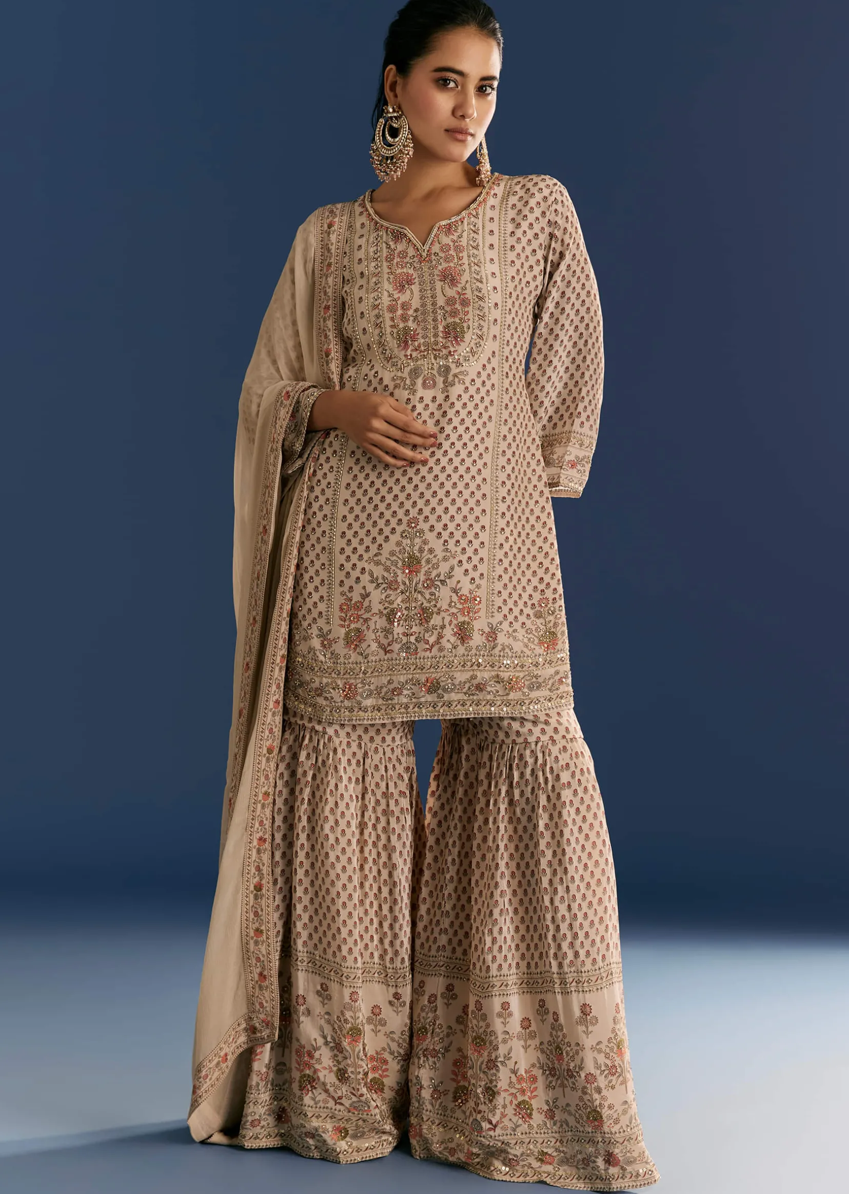 Beige Crepe Printed Kurta Sharara With Dupatta And Potli Bag