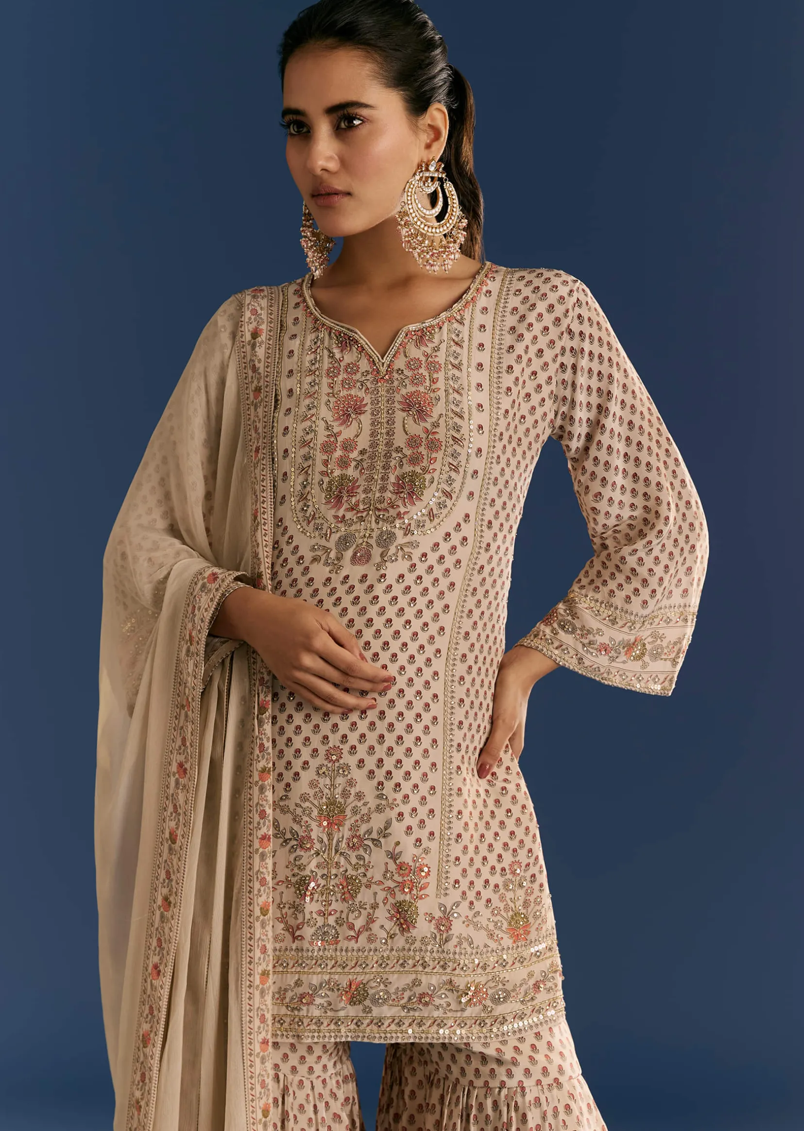 Beige Crepe Printed Kurta Sharara With Dupatta And Potli Bag