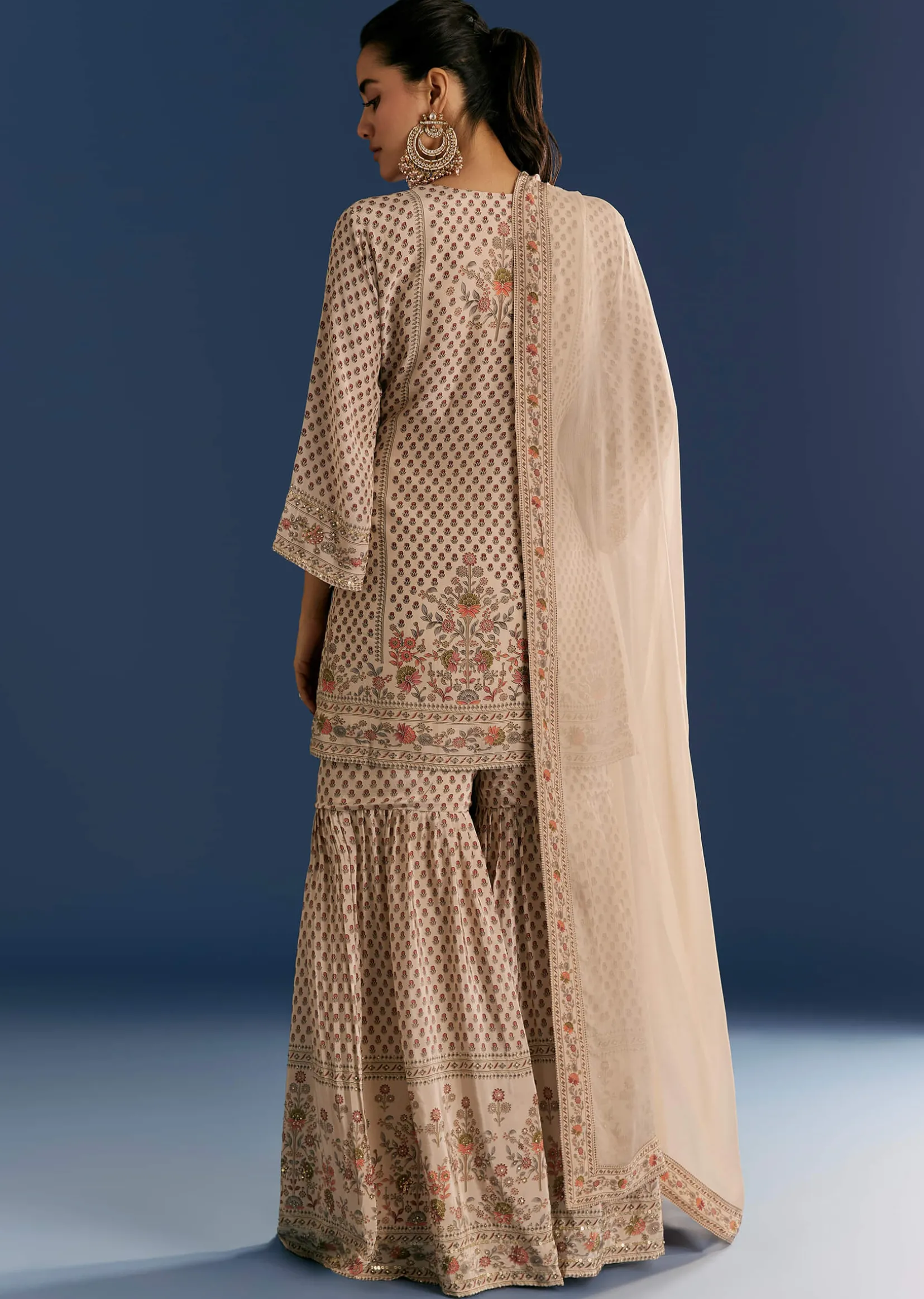 Beige Crepe Printed Kurta Sharara With Dupatta And Potli Bag