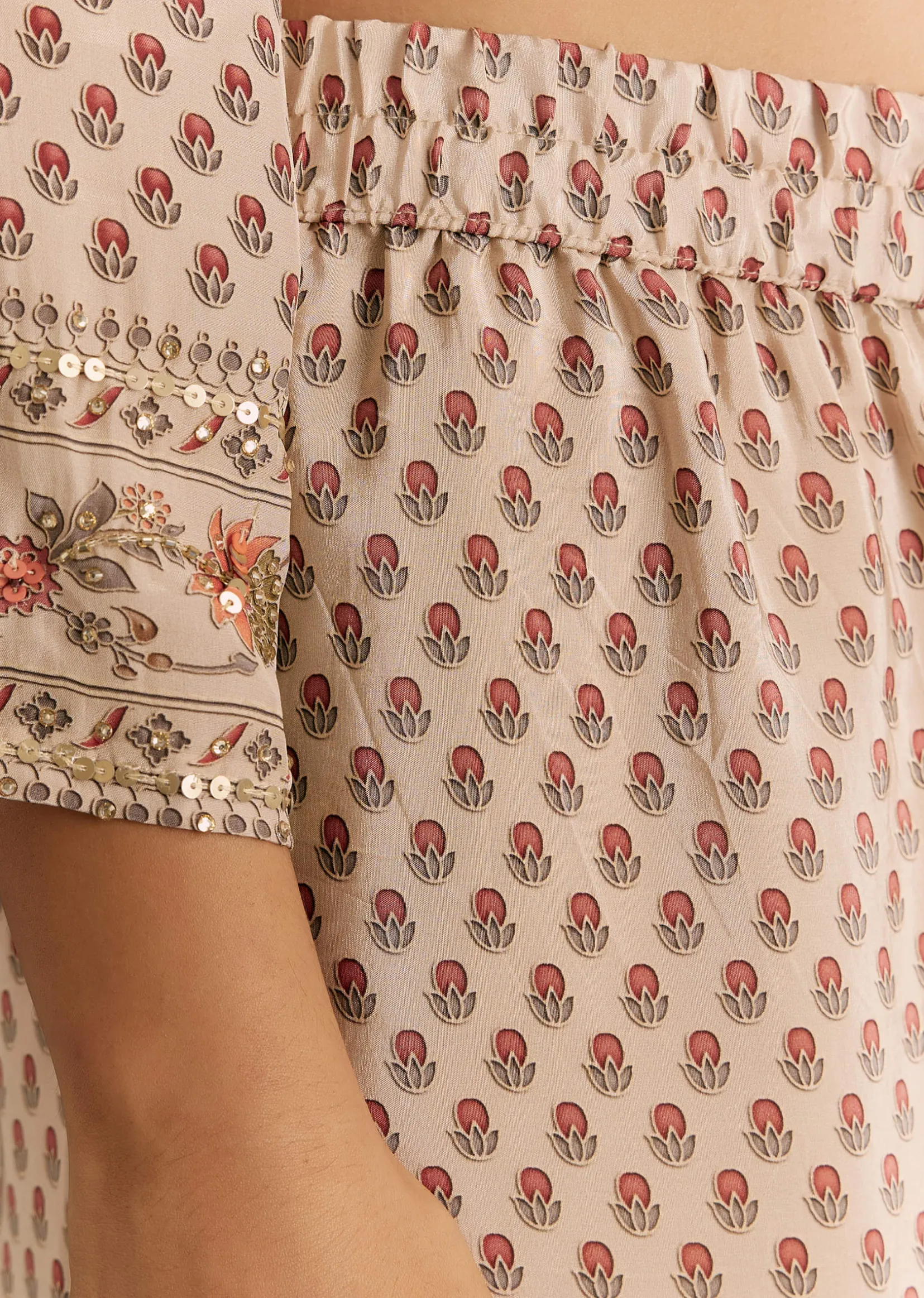 Beige Crepe Printed Kurta Sharara With Dupatta And Potli Bag