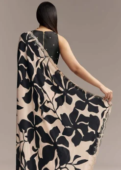 Beige Crepe Saree With Black Floral Print And Embellished Border