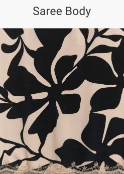 Beige Crepe Saree With Black Floral Print And Embellished Border