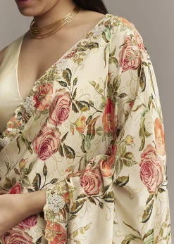 Beige Crepe Saree With Multicolor Floral Print And Moti Embroidery