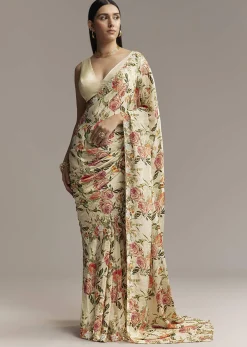 Beige Crepe Saree With Multicolor Floral Print And Moti Embroidery