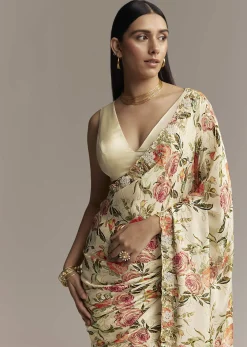 Beige Crepe Saree With Multicolor Floral Print And Moti Embroidery
