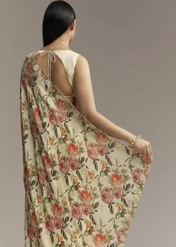 Beige Crepe Saree With Multicolor Floral Print And Moti Embroidery