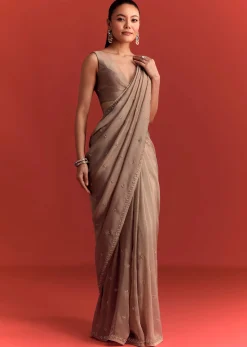Beige Crepe Silk Saree With Cutdana Work