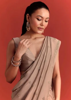 Beige Crepe Silk Saree With Cutdana Work