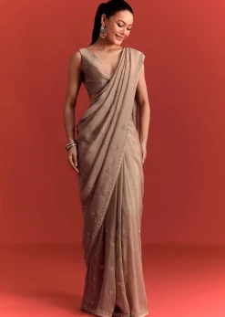 Beige Crepe Silk Saree With Cutdana Work