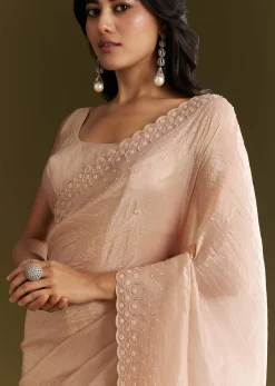 Beige Crepe Tissue Saree With Moti Beads And Cutdana Embroidery