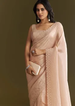 Beige Crepe Tissue Saree With Moti Beads And Cutdana Embroidery